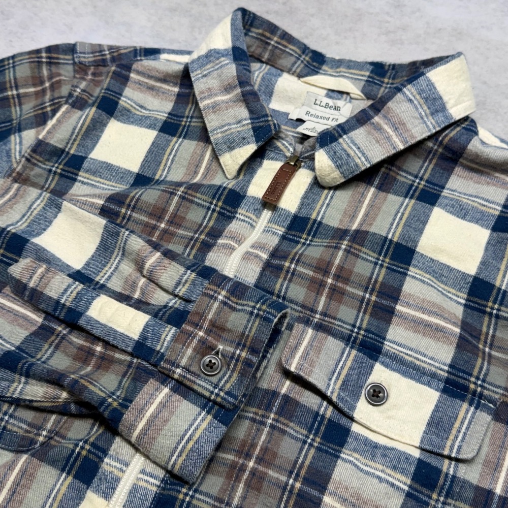 LL Bean Relaxed Fit Flannel 1/4 Zip Pullover Plaid Blue Cream Outdoor Mens Large